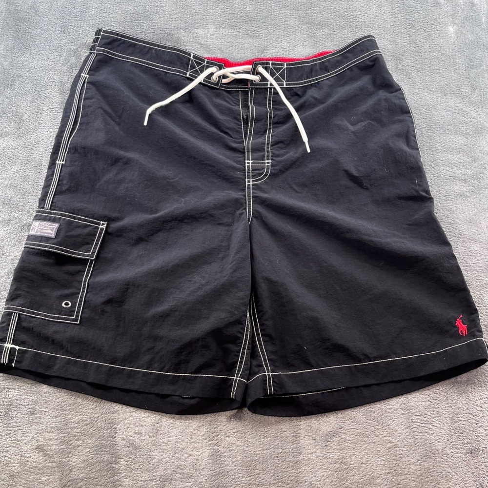 Polo Ralph Lauren Mens Black Board Shorts Swim Trunks Cargo Pocket Size Large